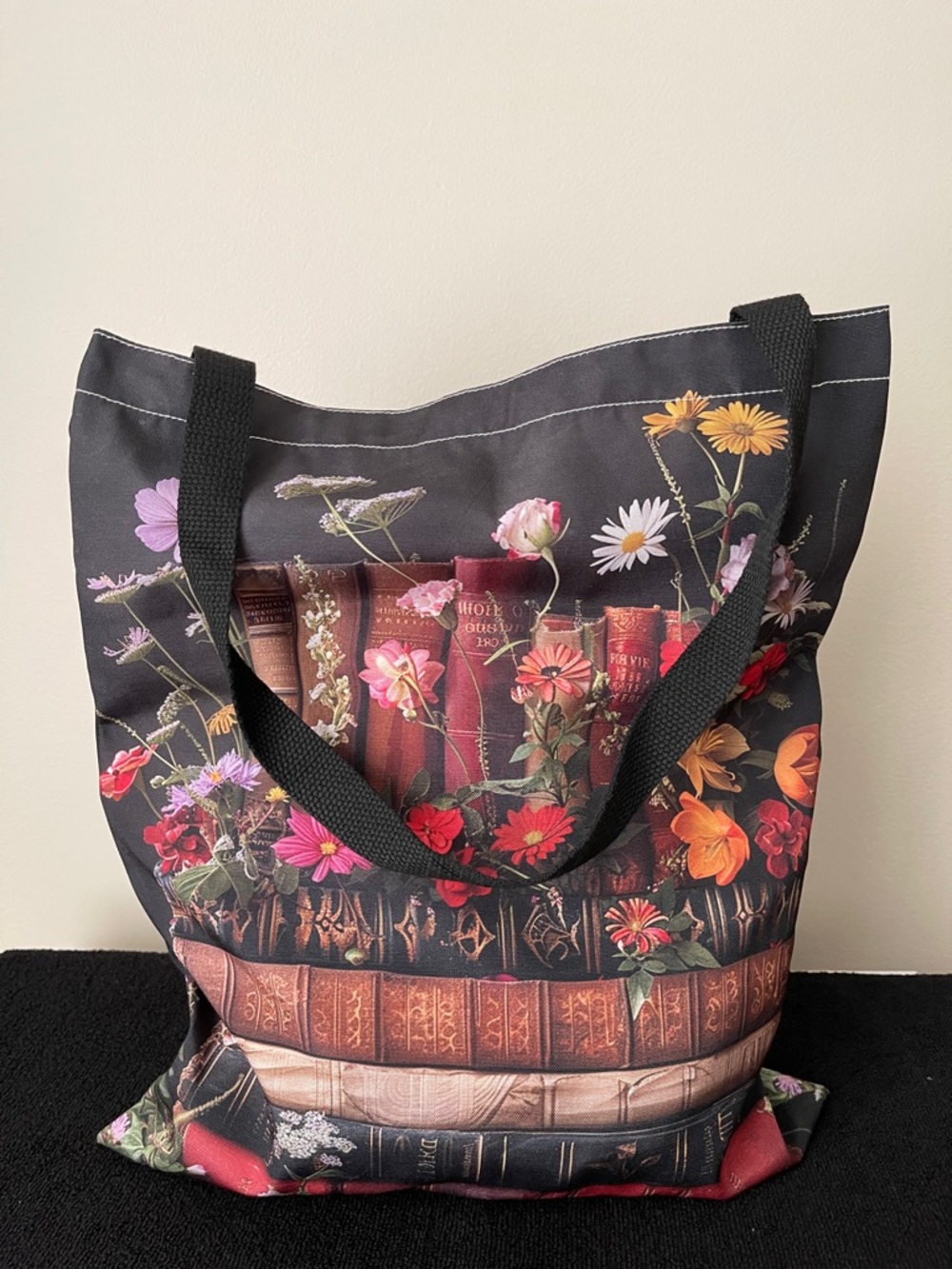 NWOT..Floral Vintage Books Canvas Tote Bag in Black - Picture 1 of 7